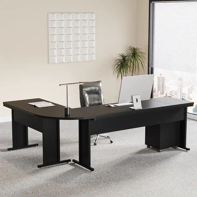 Alt view image 5 of 7 - L-Shaped Executive Desk, Large Office Desk with 3-Drawer File Cabinet, Industrial Corner Computer Table with Drawers, Business Workstation for Home Office (Black, 83")
