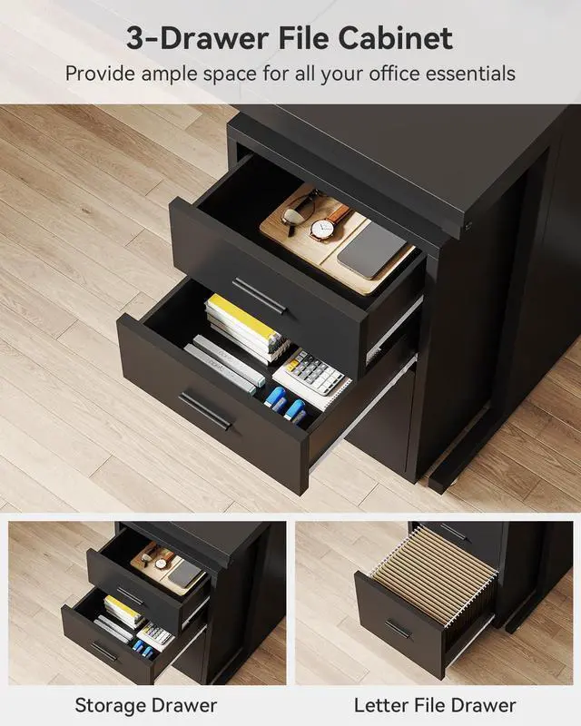 Alt view image 6 of 7 - L-Shaped Executive Desk, Large Office Desk with 3-Drawer File Cabinet, Industrial Corner Computer Table with Drawers, Business Workstation for Home Office (Black, 83")