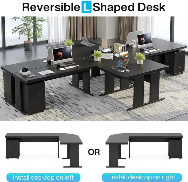 Alt view image 7 of 7 - L-Shaped Executive Desk, Large Office Desk with 3-Drawer File Cabinet, Industrial Corner Computer Table with Drawers, Business Workstation for Home Office (Black, 83")