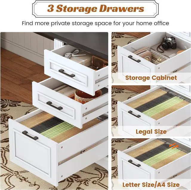 Alt view image 4 of 7 - SEDETA Office Desk with 3 Drawers, 55" Executive Computer Desk with Storage Drawers, Farmhouse Desk with Power Outlet for Home Office, White
