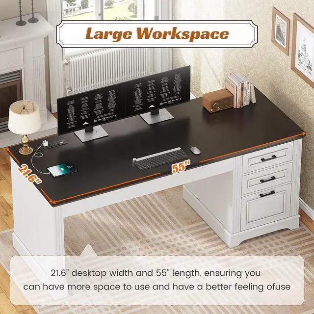 Alt view image 6 of 7 - SEDETA Office Desk with 3 Drawers, 55" Executive Computer Desk with Storage Drawers, Farmhouse Desk with Power Outlet for Home Office, White