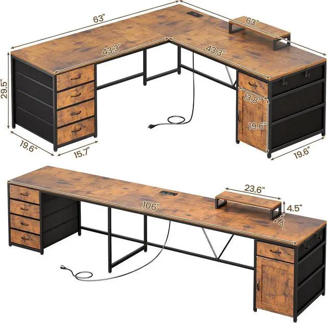 Alt view image 2 of 7 - L Shaped Desk, 63" Computer Desk with 5 Drawer & Power Outlet, Long Home Office Desk or Corner Desk, L Shaped Corner Desk with Monitor Shelf, Storage Cabinet, Rustic Brown