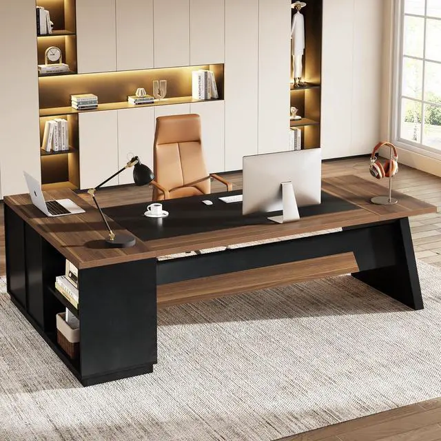 Main image of Tribesigns 78" L-Shaped Executive Desk, Large Modern Office Desk with Drawers and File Cabinet, Business Furniture with Storage Shelves, Big Computer Desk for Home Office (Light Walnut + Black)