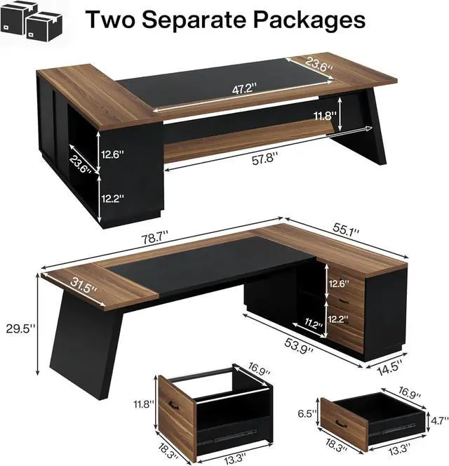 Alt view image 2 of 7 - Tribesigns 78" L-Shaped Executive Desk, Large Modern Office Desk with Drawers and File Cabinet, Business Furniture with Storage Shelves, Big Computer Desk for Home Office (Light Walnut + Black)