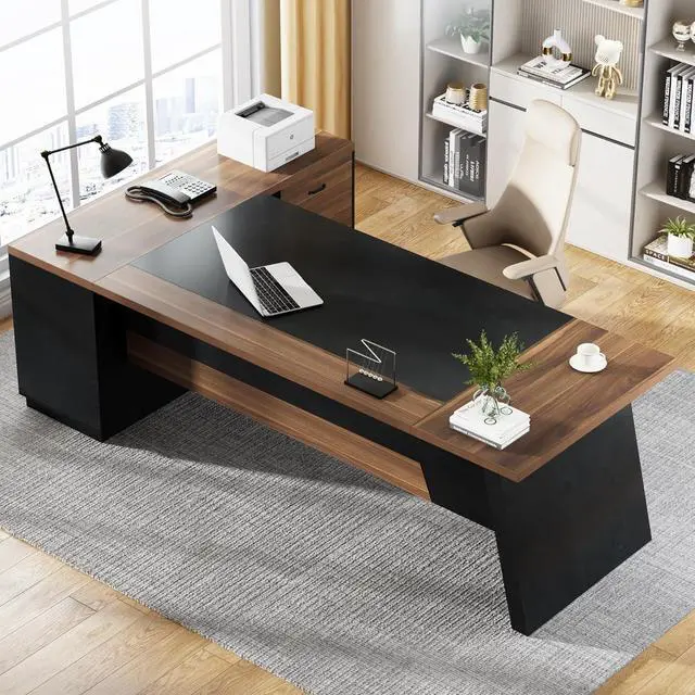 Alt view image 3 of 7 - Tribesigns 78" L-Shaped Executive Desk, Large Modern Office Desk with Drawers and File Cabinet, Business Furniture with Storage Shelves, Big Computer Desk for Home Office (Light Walnut + Black)