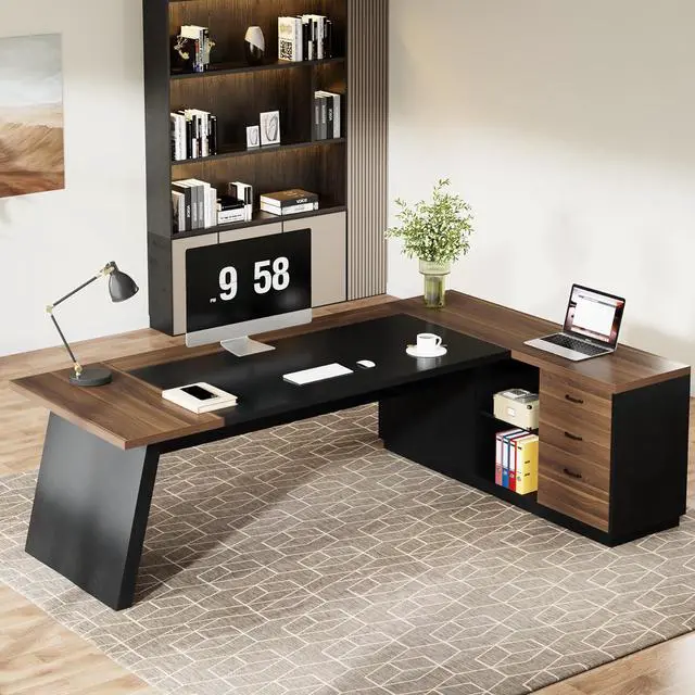 Alt view image 5 of 7 - Tribesigns 78" L-Shaped Executive Desk, Large Modern Office Desk with Drawers and File Cabinet, Business Furniture with Storage Shelves, Big Computer Desk for Home Office (Light Walnut + Black)