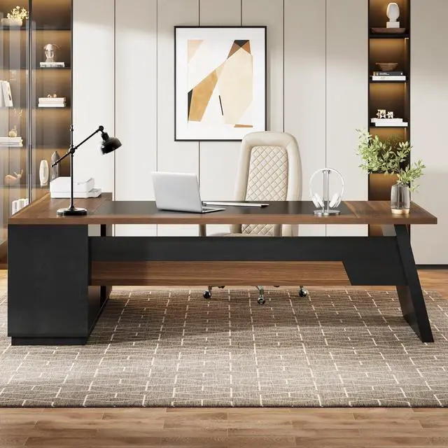 Alt view image 4 of 7 - Tribesigns 78" L-Shaped Executive Desk, Large Modern Office Desk with Drawers and File Cabinet, Business Furniture with Storage Shelves, Big Computer Desk for Home Office (Light Walnut + Black)