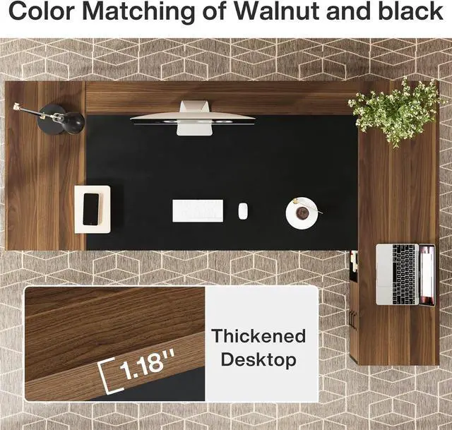 Alt view image 6 of 7 - Tribesigns 78" L-Shaped Executive Desk, Large Modern Office Desk with Drawers and File Cabinet, Business Furniture with Storage Shelves, Big Computer Desk for Home Office (Light Walnut + Black)