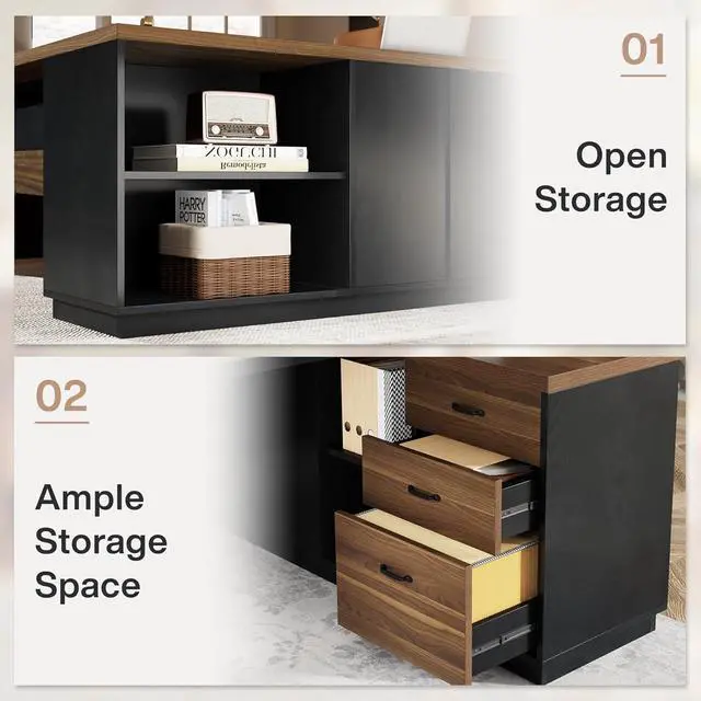 Alt view image 7 of 7 - Tribesigns 78" L-Shaped Executive Desk, Large Modern Office Desk with Drawers and File Cabinet, Business Furniture with Storage Shelves, Big Computer Desk for Home Office (Light Walnut + Black)