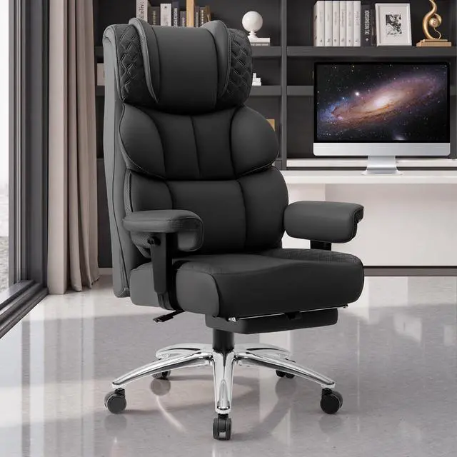 Main image of Office Desk Chair, Big and Tall Leather Gaming Chair with Footrest, Wide Ergonomic Comfy Executive High-Back Reclining Computer Chairs, Swivel Rolling Wheels and Padded Lumbar Support, Black