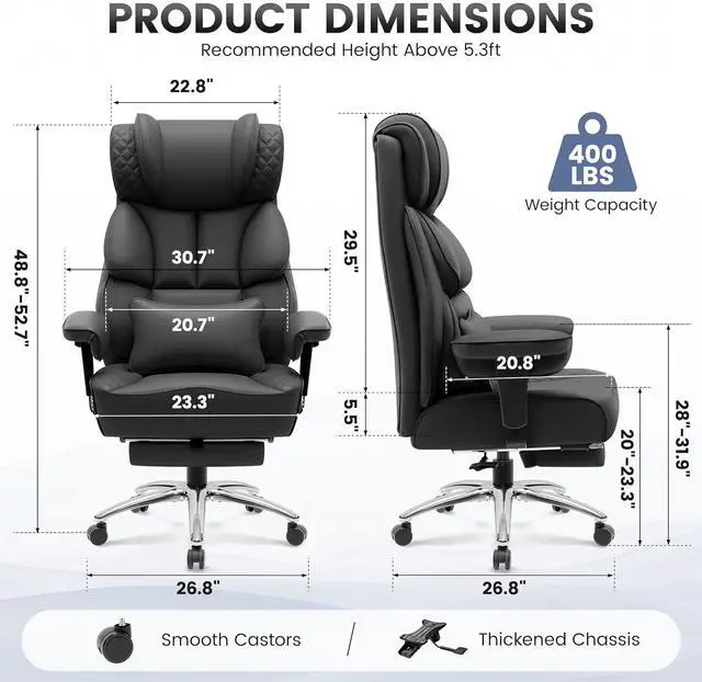Alt view image 2 of 7 - Office Desk Chair, Big and Tall Leather Gaming Chair with Footrest, Wide Ergonomic Comfy Executive High-Back Reclining Computer Chairs, Swivel Rolling Wheels and Padded Lumbar Support, Black