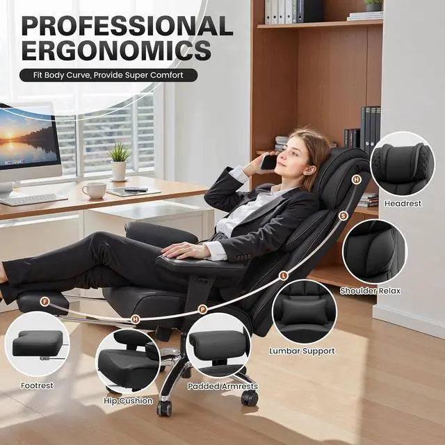 Alt view image 3 of 7 - Office Desk Chair, Big and Tall Leather Gaming Chair with Footrest, Wide Ergonomic Comfy Executive High-Back Reclining Computer Chairs, Swivel Rolling Wheels and Padded Lumbar Support, Black
