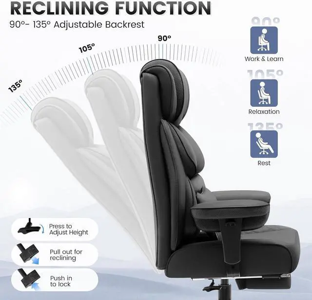 Alt view image 6 of 7 - Office Desk Chair, Big and Tall Leather Gaming Chair with Footrest, Wide Ergonomic Comfy Executive High-Back Reclining Computer Chairs, Swivel Rolling Wheels and Padded Lumbar Support, Black