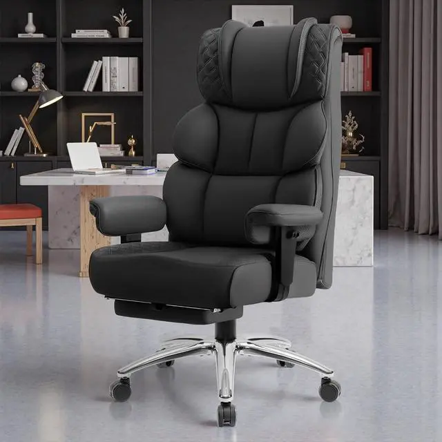 Alt view image 7 of 7 - Office Desk Chair, Big and Tall Leather Gaming Chair with Footrest, Wide Ergonomic Comfy Executive High-Back Reclining Computer Chairs, Swivel Rolling Wheels and Padded Lumbar Support, Black