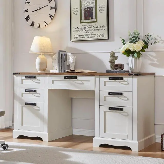 Main image of 60" Farmhouse Executive Desk, Home Office Desk with Drawers, Charging Station, Keyboard Tray, File Drawer, Storage Cabinet, Wood Rustic Computer Writing Desk (Antique White)