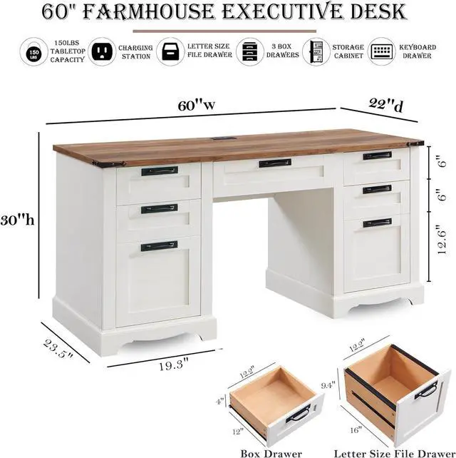 Alt view image 2 of 7 - 60" Farmhouse Executive Desk, Home Office Desk with Drawers, Charging Station, Keyboard Tray, File Drawer, Storage Cabinet, Wood Rustic Computer Writing Desk (Antique White)