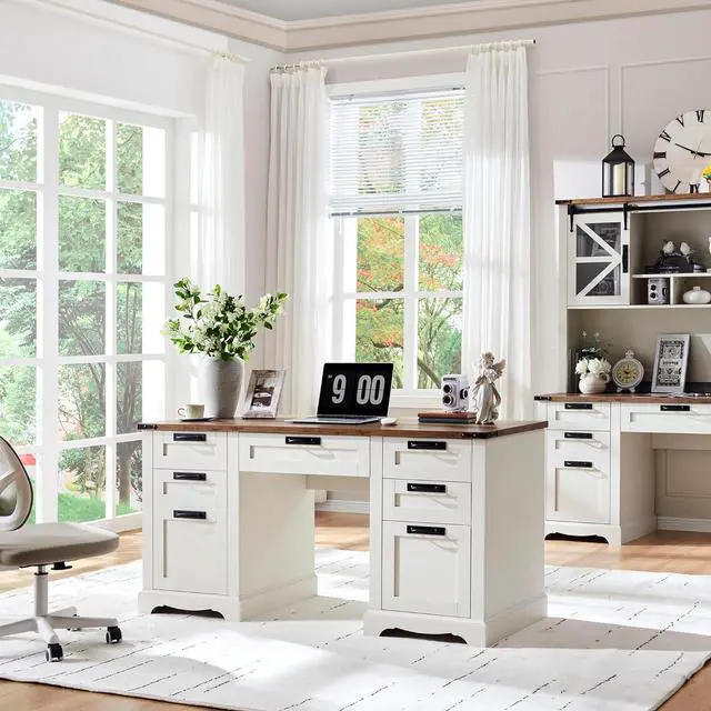 Alt view image 3 of 7 - 60" Farmhouse Executive Desk, Home Office Desk with Drawers, Charging Station, Keyboard Tray, File Drawer, Storage Cabinet, Wood Rustic Computer Writing Desk (Antique White)