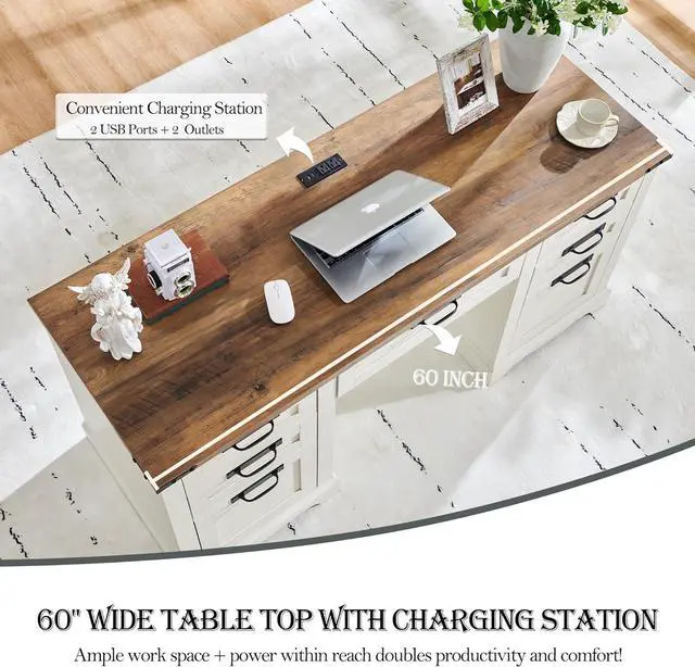 Alt view image 4 of 7 - 60" Farmhouse Executive Desk, Home Office Desk with Drawers, Charging Station, Keyboard Tray, File Drawer, Storage Cabinet, Wood Rustic Computer Writing Desk (Antique White)