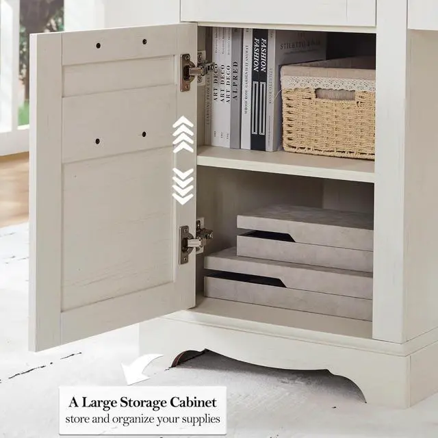 Alt view image 6 of 7 - 60" Farmhouse Executive Desk, Home Office Desk with Drawers, Charging Station, Keyboard Tray, File Drawer, Storage Cabinet, Wood Rustic Computer Writing Desk (Antique White)