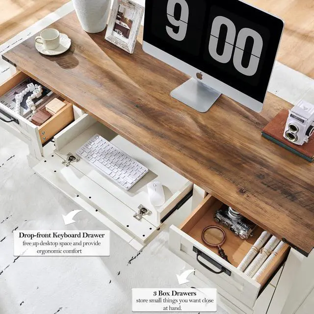 Alt view image 7 of 7 - 60" Farmhouse Executive Desk, Home Office Desk with Drawers, Charging Station, Keyboard Tray, File Drawer, Storage Cabinet, Wood Rustic Computer Writing Desk (Antique White)