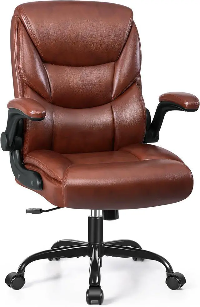 Main image of Leather Office Chair, Small PU Ergonomic Desk Chairs, Comfy Computer Chair with Wheels and Flip-up Armrests, Adjustable Height Mid Back Executive Office Chairs for Short People - Brown