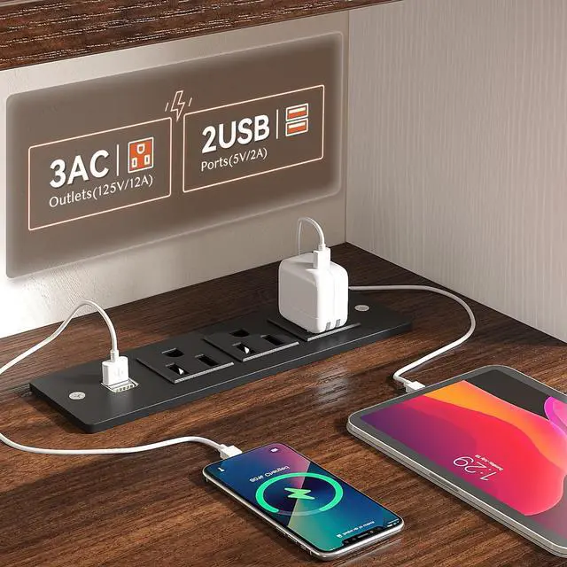 Alt view image 4 of 7 - Farmhouse Office Desk with Drawer & Power Outlets, Wood Computer Desk Monitor Stand for Bedchamber Study, Reversible Home Office Desks with Storage Cabinet for Working Writing Gaming