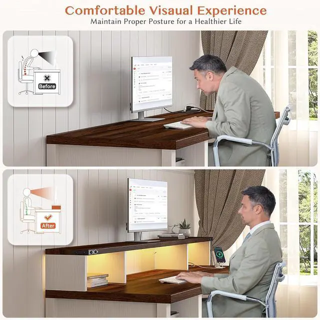 Alt view image 5 of 7 - Farmhouse Office Desk with Drawer & Power Outlets, Wood Computer Desk Monitor Stand for Bedchamber Study, Reversible Home Office Desks with Storage Cabinet for Working Writing Gaming