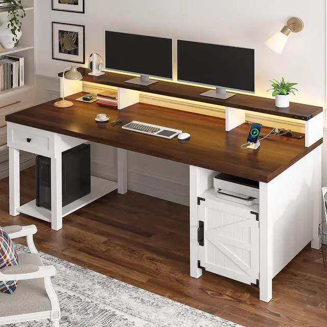 Alt view image 6 of 7 - Farmhouse Office Desk with Drawer & Power Outlets, Wood Computer Desk Monitor Stand for Bedchamber Study, Reversible Home Office Desks with Storage Cabinet for Working Writing Gaming