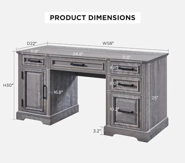 Alt view image 2 of 6 - 58" Executive Desk, Farmhouse Computer Desk with Drawers and Cabinet, Crafted Texture Home Office Desk, Workse for Work Study Writing, Weatherworn Grey