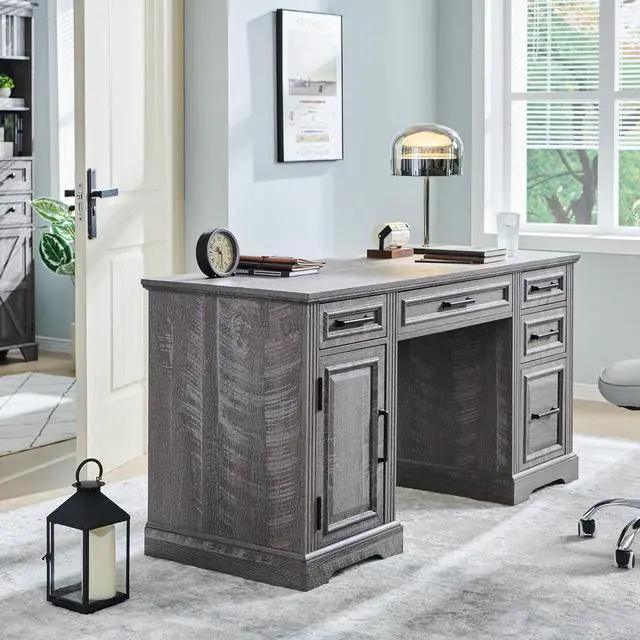 Alt view image 3 of 6 - 58" Executive Desk, Farmhouse Computer Desk with Drawers and Cabinet, Crafted Texture Home Office Desk, Workse for Work Study Writing, Weatherworn Grey