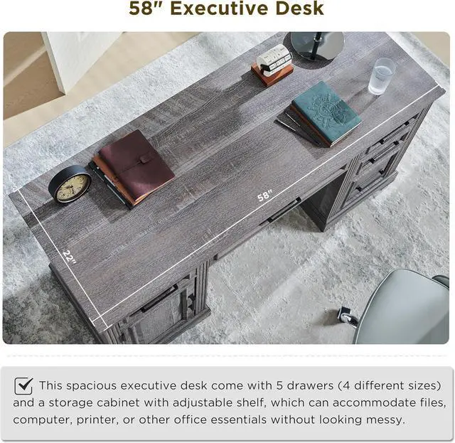 Alt view image 4 of 6 - 58" Executive Desk, Farmhouse Computer Desk with Drawers and Cabinet, Crafted Texture Home Office Desk, Workse for Work Study Writing, Weatherworn Grey