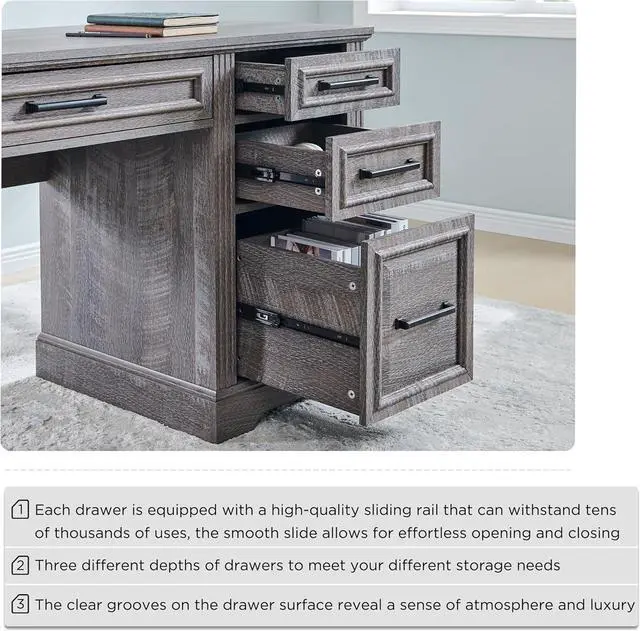 Alt view image 5 of 6 - 58" Executive Desk, Farmhouse Computer Desk with Drawers and Cabinet, Crafted Texture Home Office Desk, Workse for Work Study Writing, Weatherworn Grey