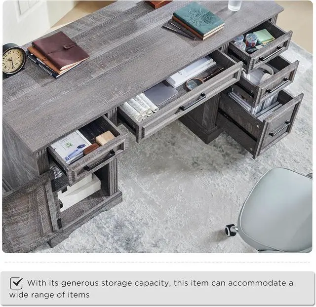 Alt view image 6 of 6 - 58" Executive Desk, Farmhouse Computer Desk with Drawers and Cabinet, Crafted Texture Home Office Desk, Workse for Work Study Writing, Weatherworn Grey