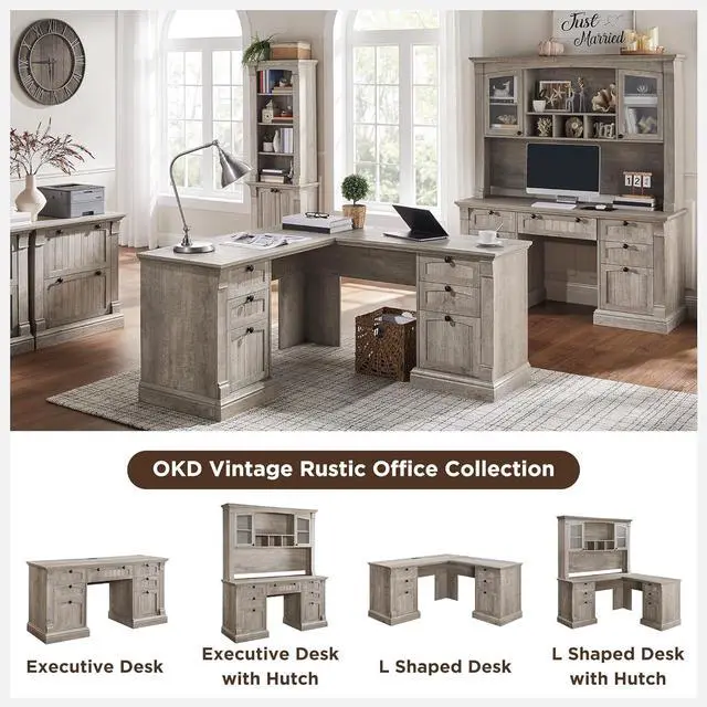 Alt view image 3 of 7 - 60" Executive Desk with Drawers, Farmhouse Home Office Desk with Charging Station, Keyboard Tray, File Cabinet Storage, Wood Computer Desk for Work and Study, Antique Brushed White
