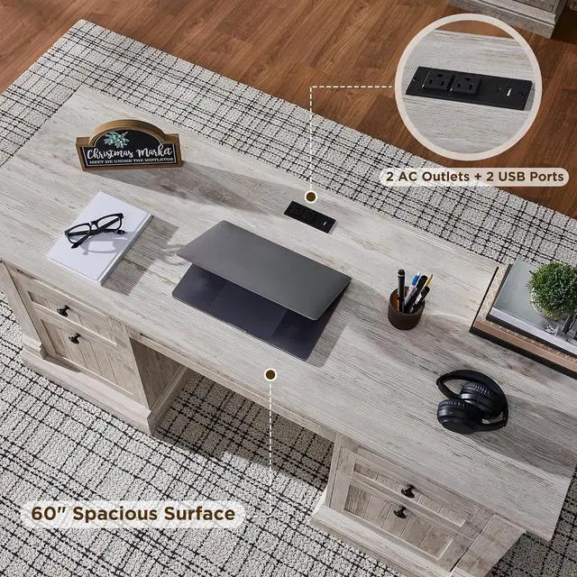 Alt view image 4 of 6 - OKD 60" Executive Desk with Drawers, Farmhouse Home Office Desk with Charging Station, Keyboard Tray, File Cabinet Storage, Wood Computer Desk for Work and Study, Antique Brushed White