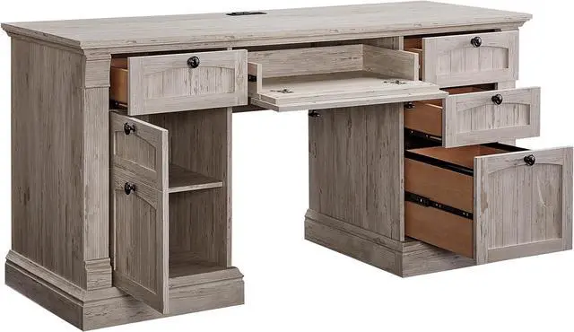 Alt view image 6 of 6 - OKD 60" Executive Desk with Drawers, Farmhouse Home Office Desk with Charging Station, Keyboard Tray, File Cabinet Storage, Wood Computer Desk for Work and Study, Antique Brushed White