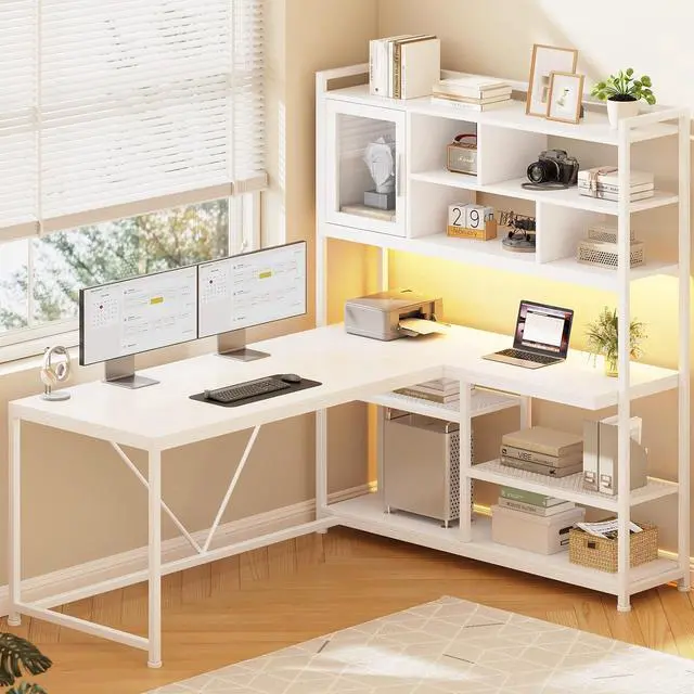 Main image of L Shaped Computer Desk, 58'' Office Desk with LED Light and Bookshelf, L Shaped Corner Desk with Storage Shelves for Home Office, Gaming Desk, L Desk, White