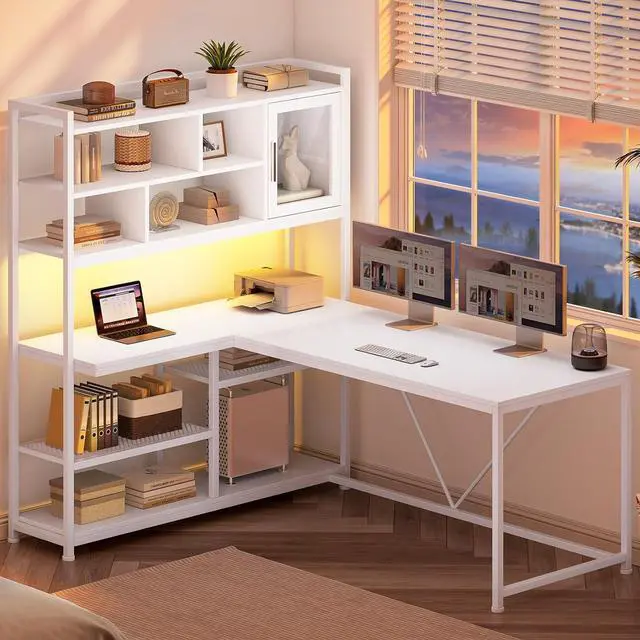 Alt view image 3 of 7 - L Shaped Computer Desk, 58'' Office Desk with LED Light and Bookshelf, L Shaped Corner Desk with Storage Shelves for Home Office, Gaming Desk, L Desk, White