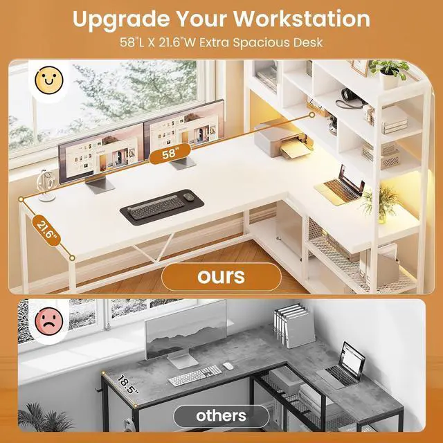 Alt view image 5 of 7 - L Shaped Computer Desk, 58'' Office Desk with LED Light and Bookshelf, L Shaped Corner Desk with Storage Shelves for Home Office, Gaming Desk, L Desk, White