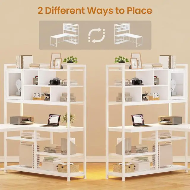 Alt view image 6 of 7 - L Shaped Computer Desk, 58'' Office Desk with LED Light and Bookshelf, L Shaped Corner Desk with Storage Shelves for Home Office, Gaming Desk, L Desk, White