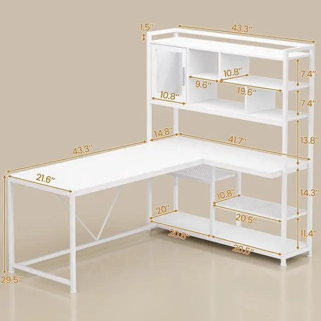 Alt view image 7 of 7 - L Shaped Computer Desk, 58'' Office Desk with LED Light and Bookshelf, L Shaped Corner Desk with Storage Shelves for Home Office, Gaming Desk, L Desk, White