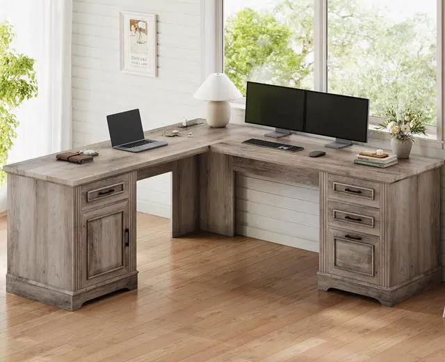 Main image of Farmhouse L Shaped Desk, Executive Computer Desk with Drawers and Storage Cabinet, Home Office Desk with File Drawer and Power Outlet, Corner Desk, Workstation for Office Home, Grey