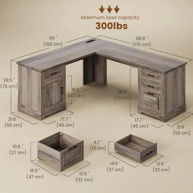 Alt view image 2 of 7 - Farmhouse L Shaped Desk, Executive Computer Desk with Drawers and Storage Cabinet, Home Office Desk with File Drawer and Power Outlet, Corner Desk, Workstation for Office Home, Grey