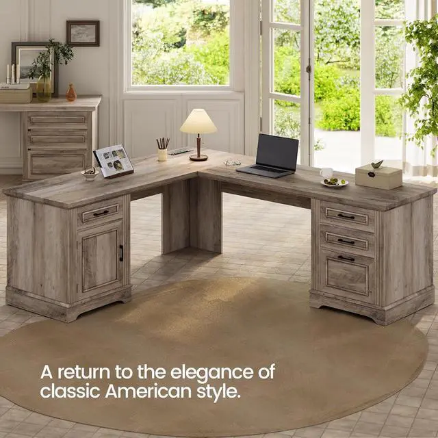 Alt view image 3 of 7 - Farmhouse L Shaped Desk, Executive Computer Desk with Drawers and Storage Cabinet, Home Office Desk with File Drawer and Power Outlet, Corner Desk, Workstation for Office Home, Grey