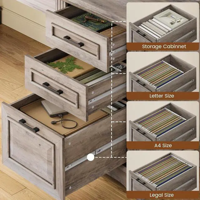 Alt view image 4 of 7 - Farmhouse L Shaped Desk, Executive Computer Desk with Drawers and Storage Cabinet, Home Office Desk with File Drawer and Power Outlet, Corner Desk, Workstation for Office Home, Grey