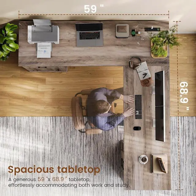 Alt view image 5 of 7 - Farmhouse L Shaped Desk, Executive Computer Desk with Drawers and Storage Cabinet, Home Office Desk with File Drawer and Power Outlet, Corner Desk, Workstation for Office Home, Grey