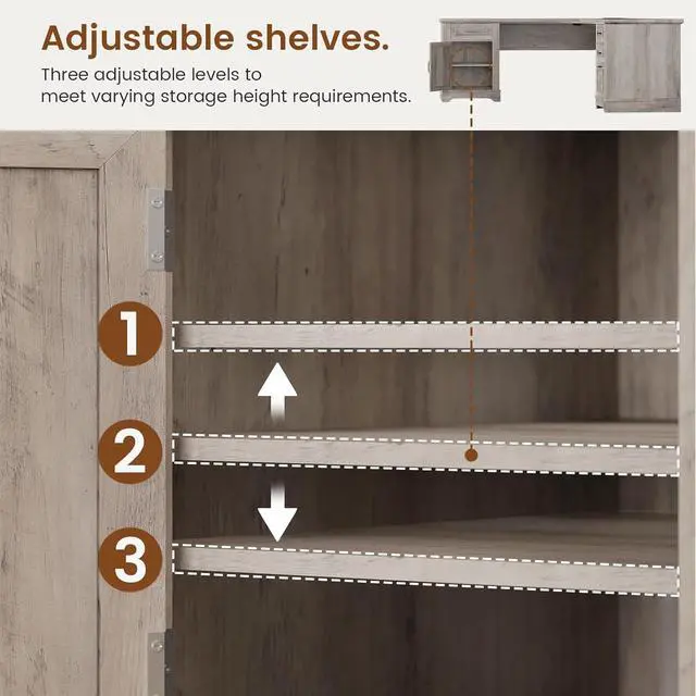 Alt view image 7 of 7 - Farmhouse L Shaped Desk, Executive Computer Desk with Drawers and Storage Cabinet, Home Office Desk with File Drawer and Power Outlet, Corner Desk, Workstation for Office Home, Grey