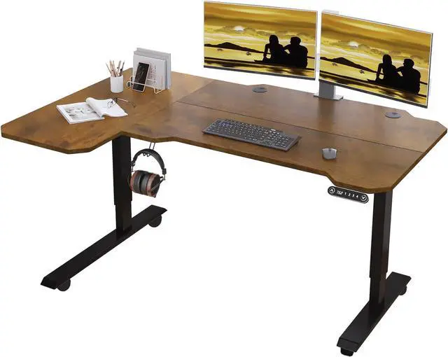 Main image of Adjustable Height L-Shaped 59 Inch Electric Standing Desk - Sit Stand Computer Desk with 3 Splice Board, Lockable Casters, Stand Up Desk Table for Home Office, Black Frame and Rustic Brown Top