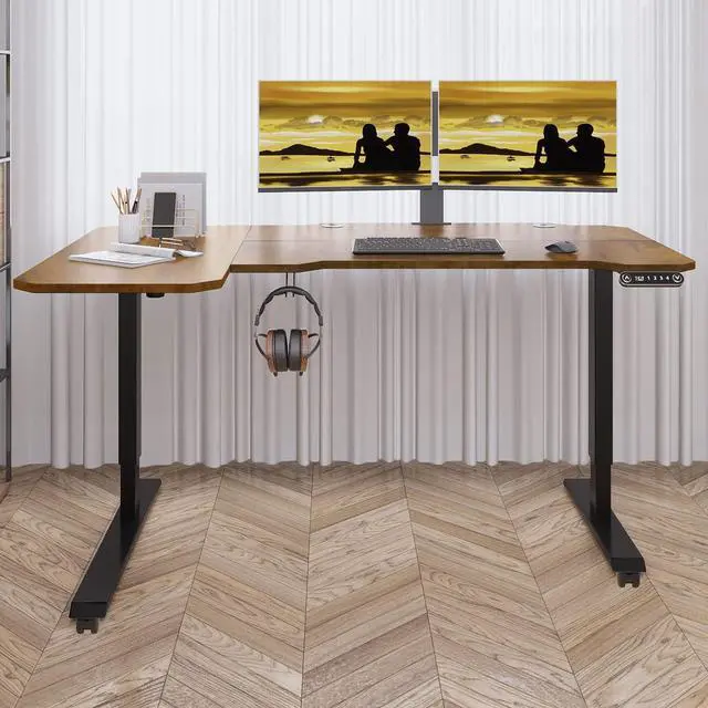 Alt view image 2 of 7 - Adjustable Height L-Shaped 59 Inch Electric Standing Desk - Sit Stand Computer Desk with 3 Splice Board, Lockable Casters, Stand Up Desk Table for Home Office, Black Frame and Rustic Brown Top