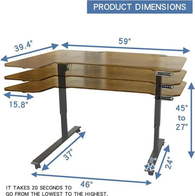 Alt view image 3 of 7 - Adjustable Height L-Shaped 59 Inch Electric Standing Desk - Sit Stand Computer Desk with 3 Splice Board, Lockable Casters, Stand Up Desk Table for Home Office, Black Frame and Rustic Brown Top